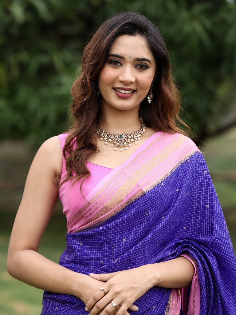 Mysore crape fancy saree for women | royal blue | zari border | party wear