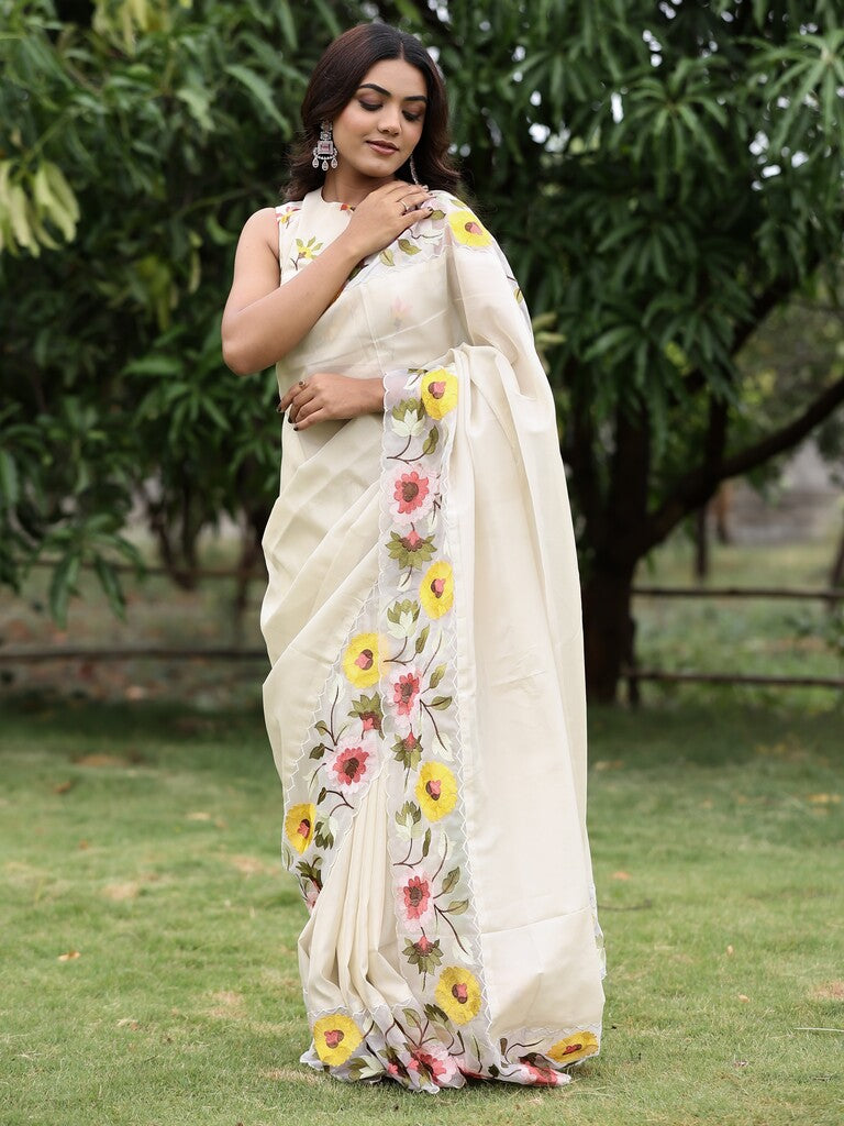Organza tissue fancy saree for women | white | embroidery border | party wear