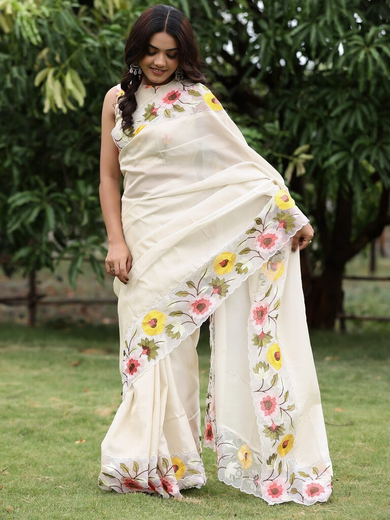 Organza tissue fancy saree for women | white | embroidery border | party wear