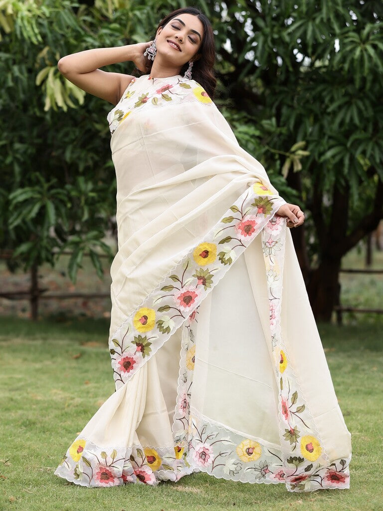 Organza tissue fancy saree for women | white | embroidery border | party wear