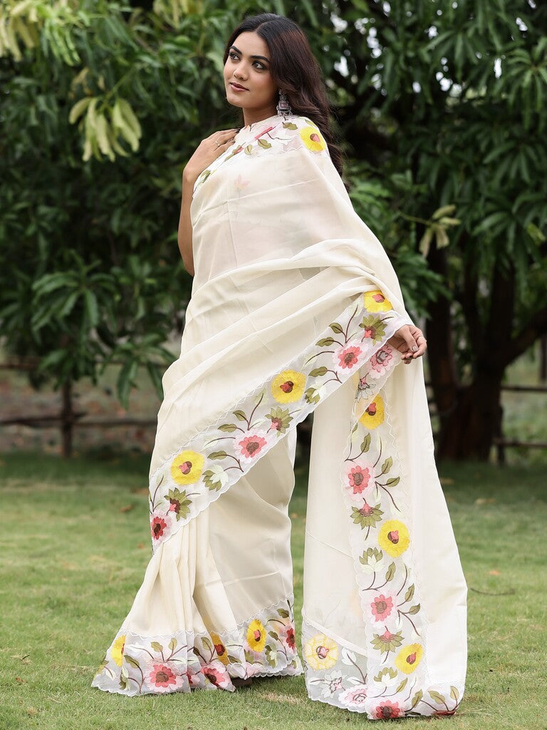 Organza tissue fancy saree for women | white | embroidery border | party wear