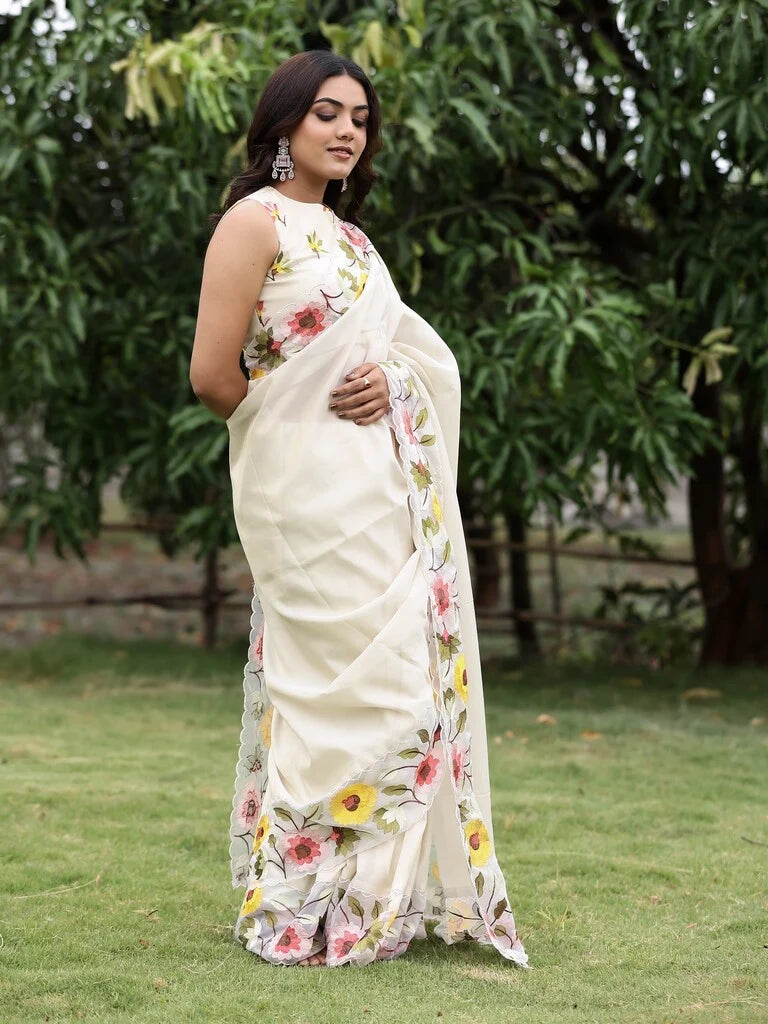 Rocket sarees for women | white | ready to wear | stitched blouse