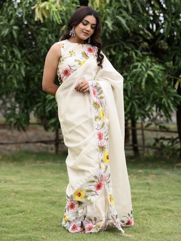 Organza tissue fancy saree for women | white | embroidery border | party wear