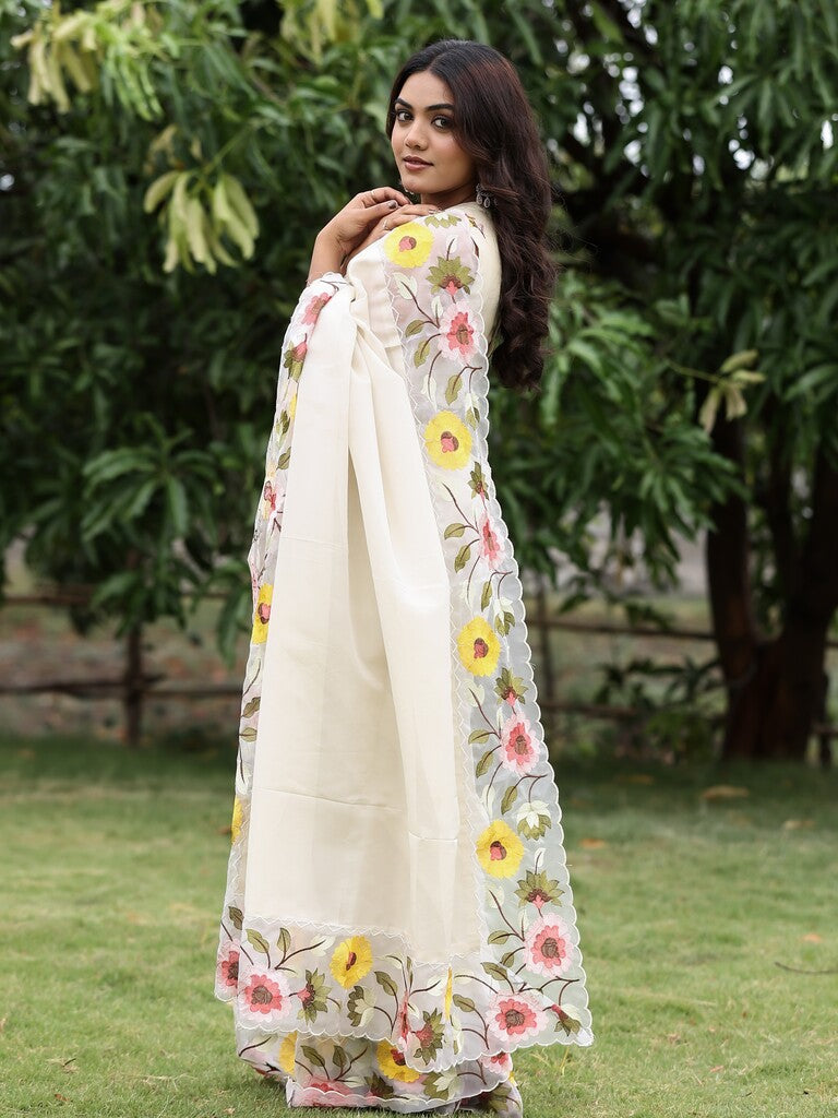 Organza tissue fancy saree for women | white | embroidery border | party wear