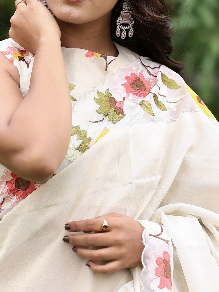Organza tissue fancy saree for women | white | embroidery border | party wear