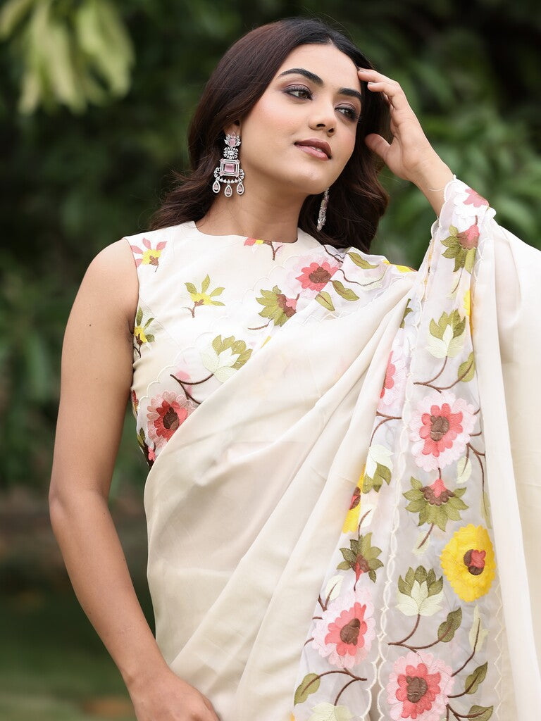 Organza tissue fancy saree for women | white | embroidery border | party wear