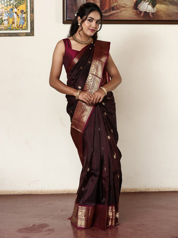 Kanchi pattu saree for women | dark brown | light weight | zari border