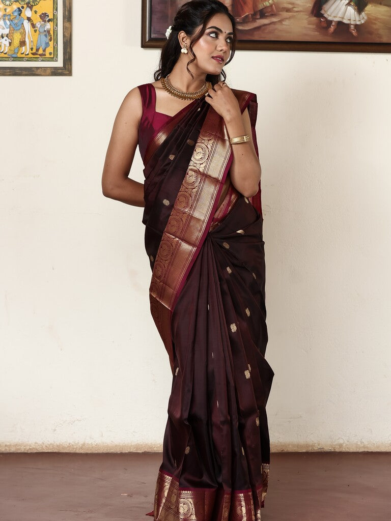 Kanchi pattu saree for women | dark brown | light weight | zari border