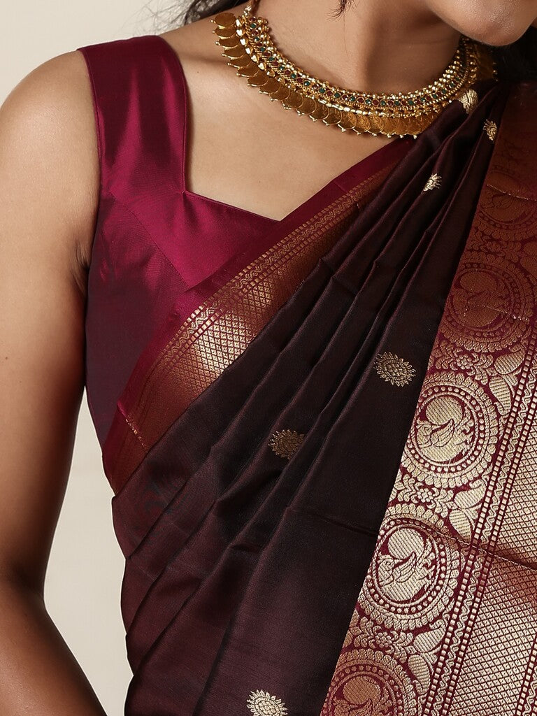 Kanchi pattu saree for women | dark brown | light weight | zari border