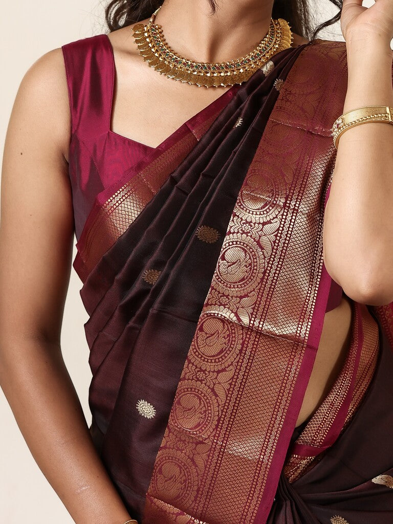 Kanchi pattu saree for women | dark brown | light weight | zari border