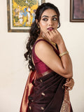 Kanchi pattu saree for women | dark brown | light weight | zari border