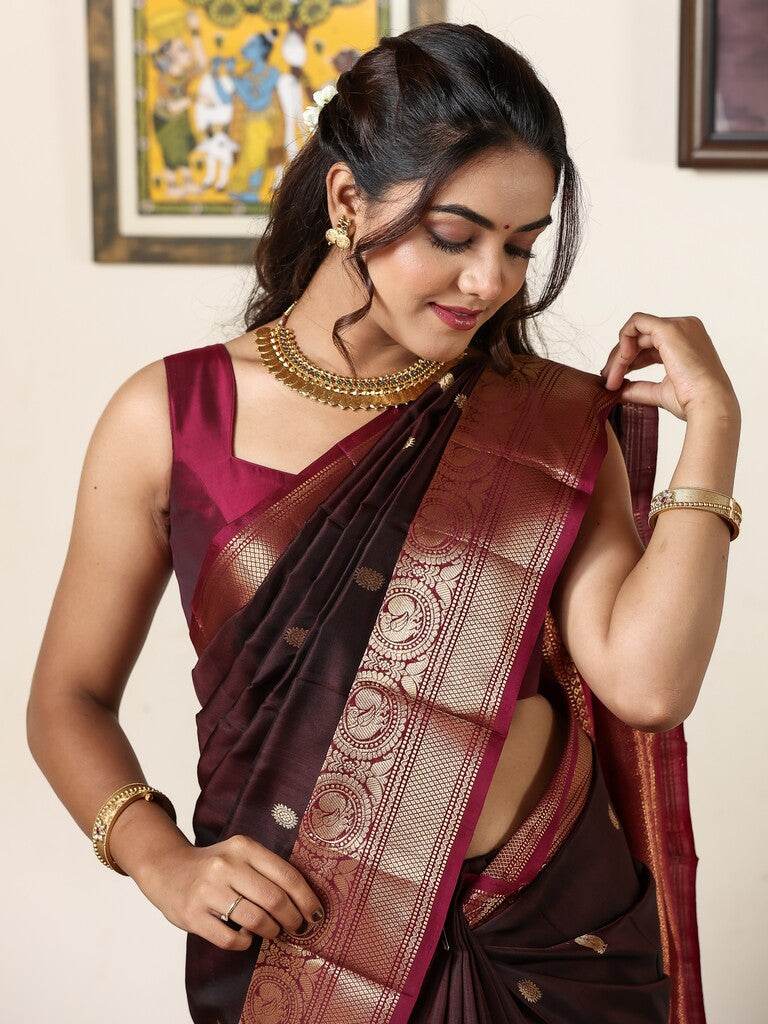 Kanchi pattu saree for women | dark brown | light weight | zari border