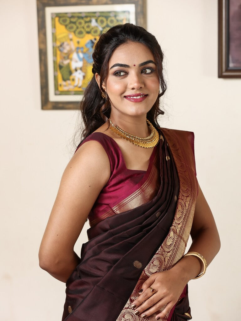 Kanchi pattu saree for women | dark brown | light weight | zari border