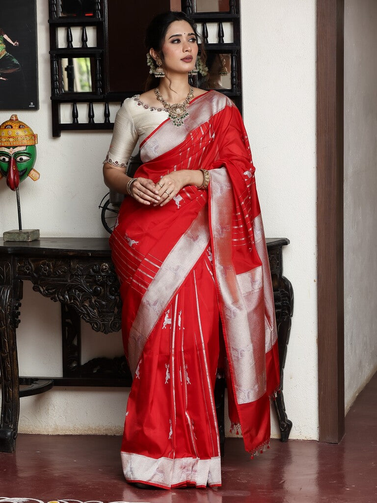 Banaras pattu saree for women | red | zari border | party wear