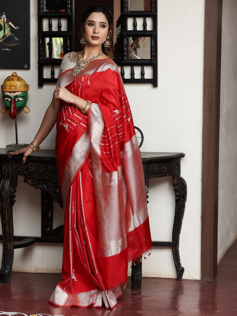 Banaras pattu saree for women | red | zari border | party wear