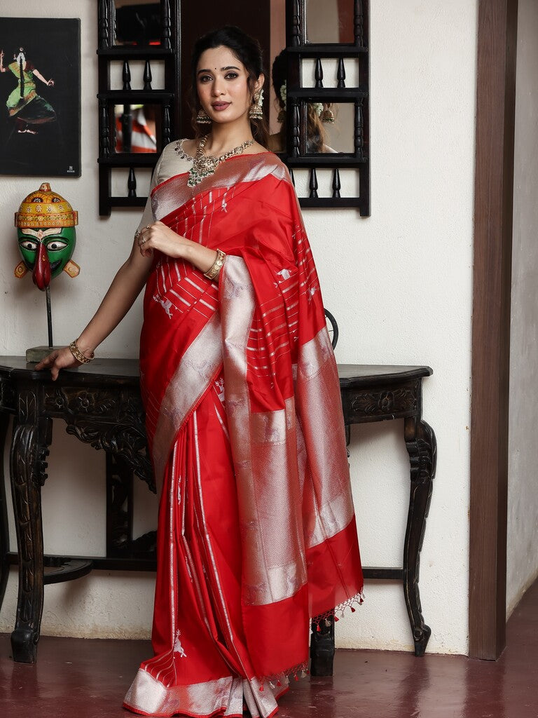 Banaras pattu saree for women | red | zari border | party wear