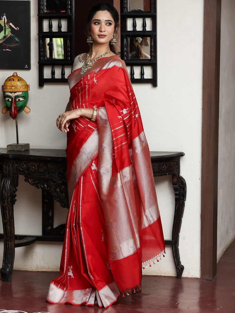 Banaras pattu saree for women | red | zari border | party wear