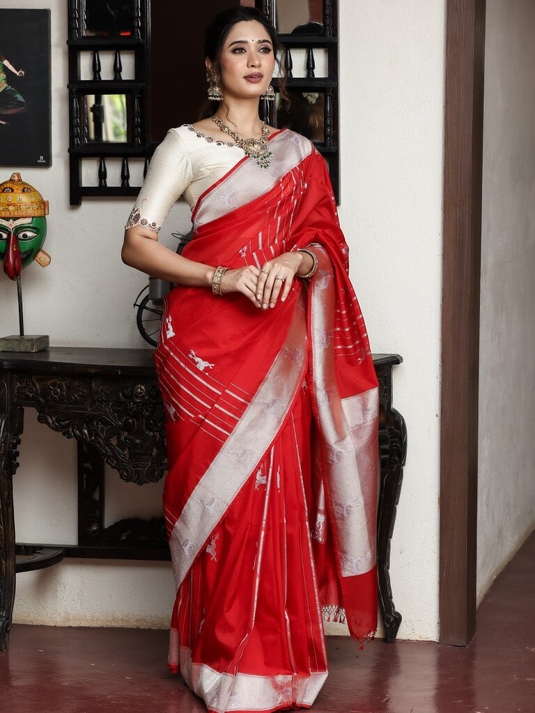 Banaras pattu saree for women | red | zari border | party wear