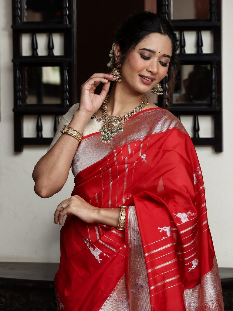 Banaras pattu saree for women | red | zari border | party wear