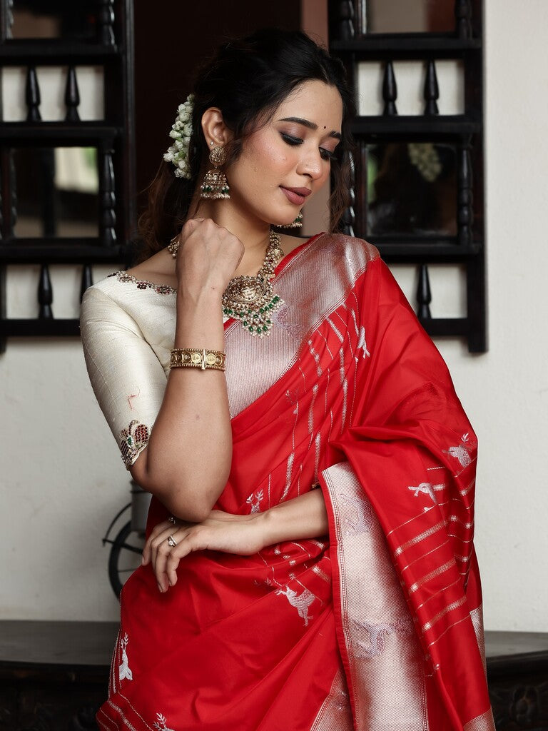 Banaras pattu saree for women | red | zari border | party wear