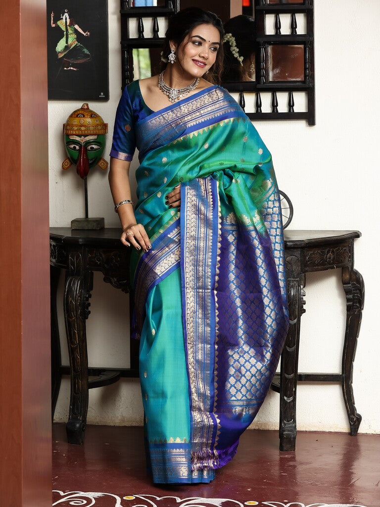 Gadwal pattu saree for women | peacock blue | kanchi border | party wear