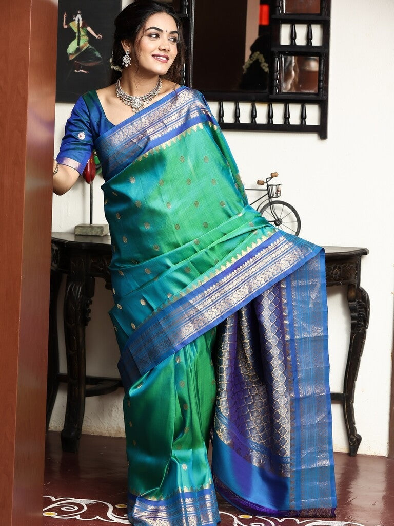 Gadwal pattu saree for women | peacock blue | kanchi border | party wear
