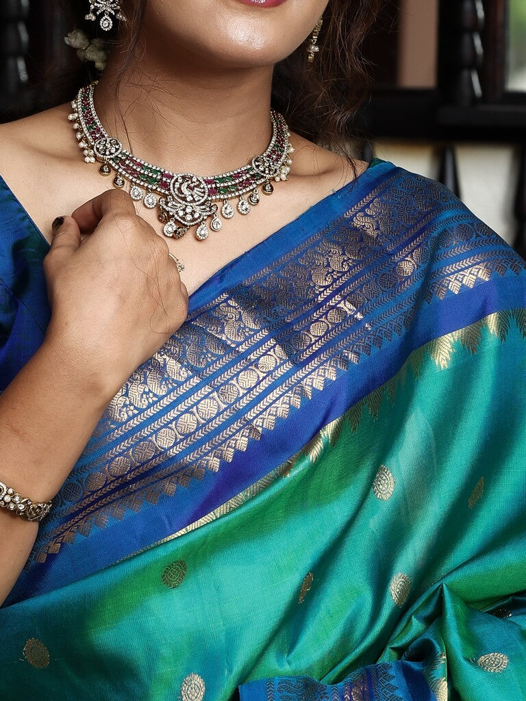 Gadwal pattu saree for women | peacock blue | kanchi border | party wear