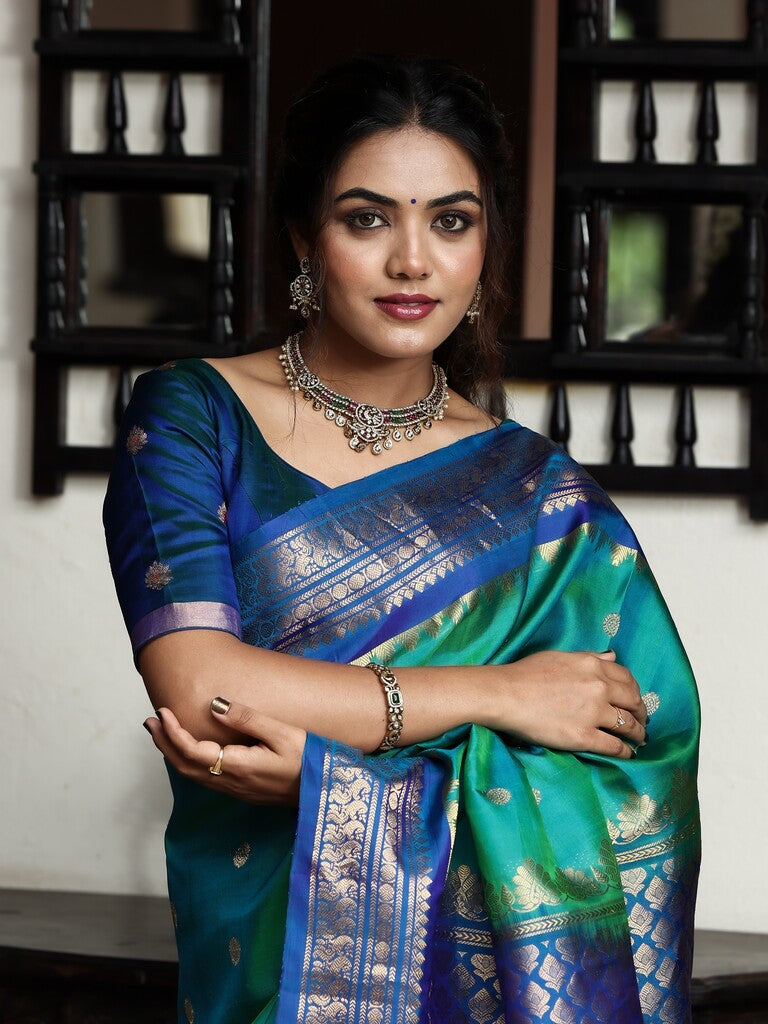 Gadwal pattu saree for women | peacock blue | kanchi border | party wear