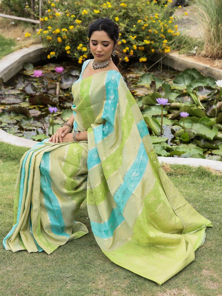 Dola tissue fancy saree for women | green and blue | allover zari weaves | party wear
