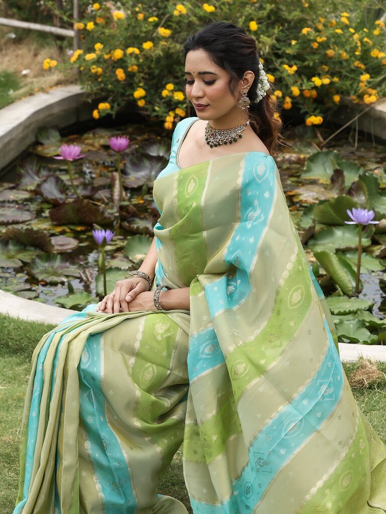 Dola tissue fancy saree for women | green and blue | allover zari weaves | party wear