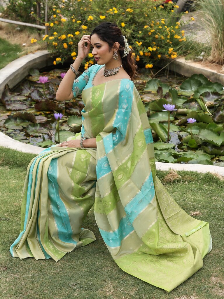 Dola tissue fancy saree for women | green and blue | allover zari weaves | party wear