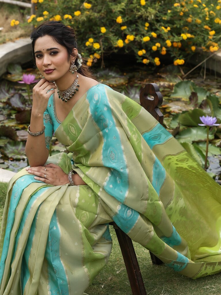 Dola tissue fancy saree for women | green and blue | allover zari weaves | party wear