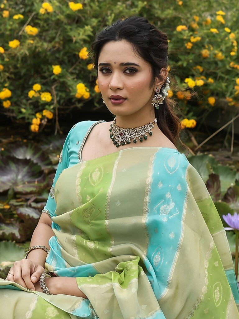 Dola tissue fancy saree for women | green and blue | allover zari weaves | party wear