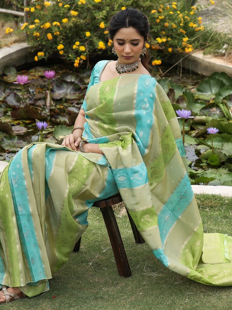 Dola tissue fancy saree for women | green and blue | allover zari weaves | party wear