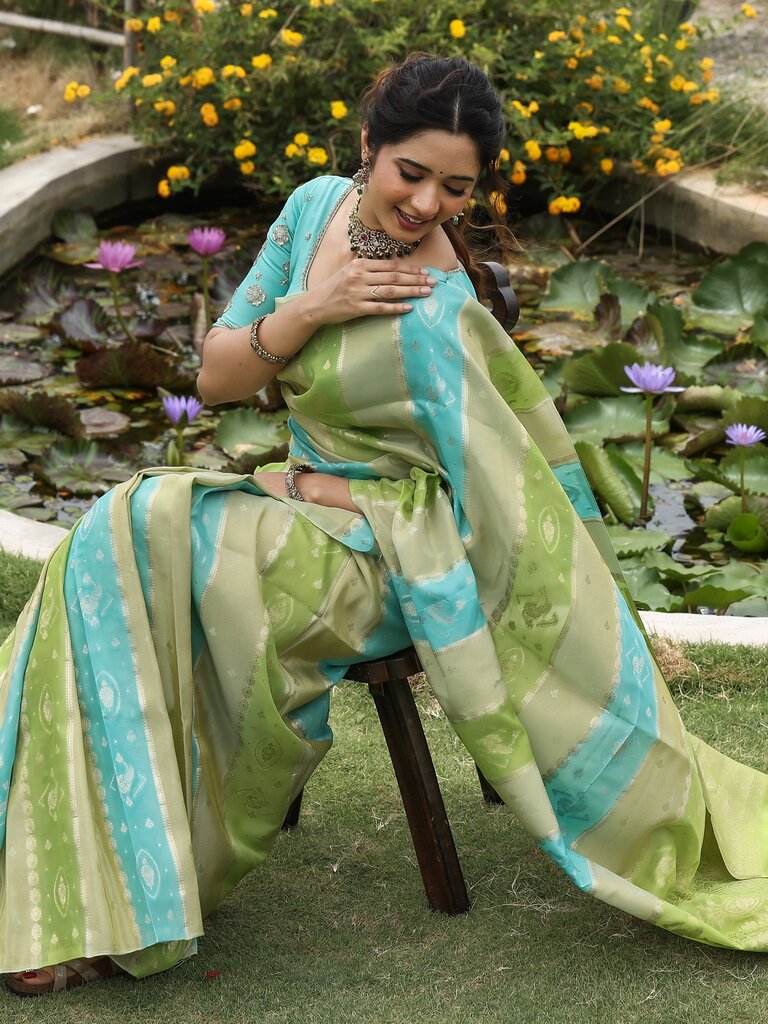 Dola tissue fancy saree for women | green and blue | allover zari weaves | party wear