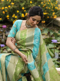 Dola tissue fancy saree for women | green and blue | allover zari weaves | party wear