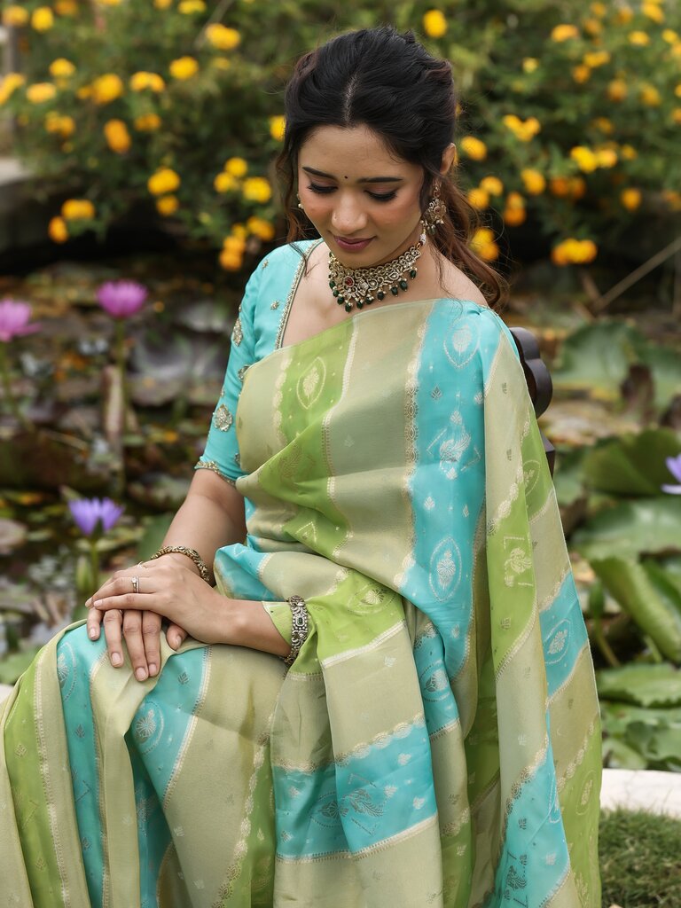 Dola tissue fancy saree for women | green and blue | allover zari weaves | party wear