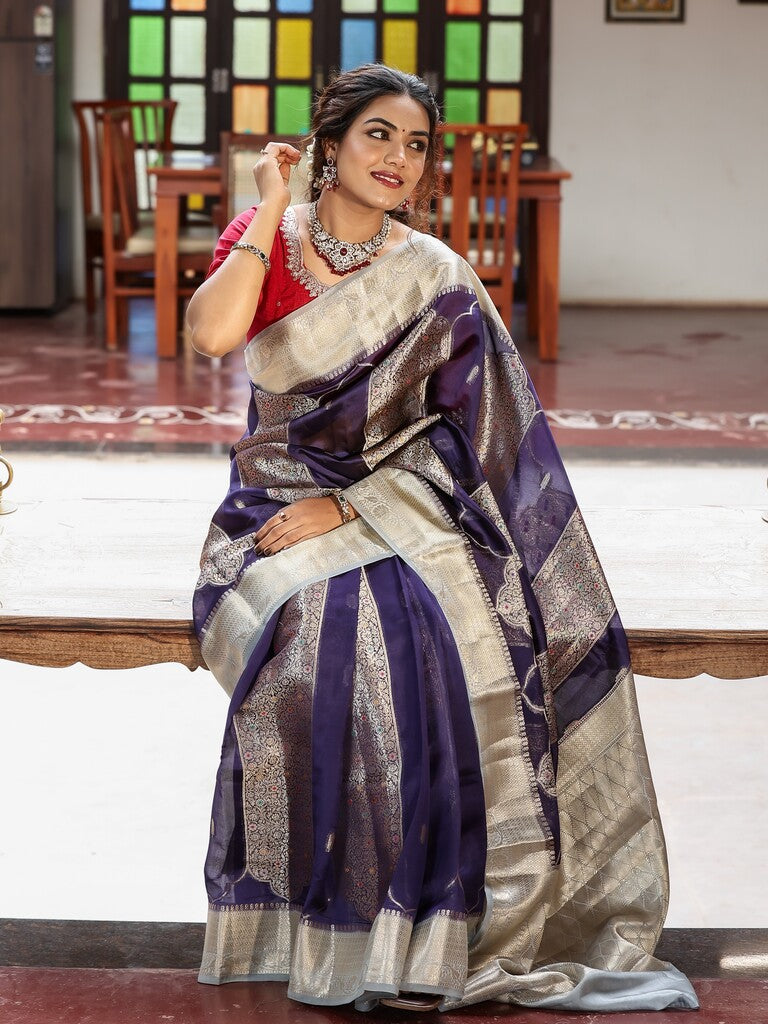Green mango fancy saree for women | blue | zari border | party wear