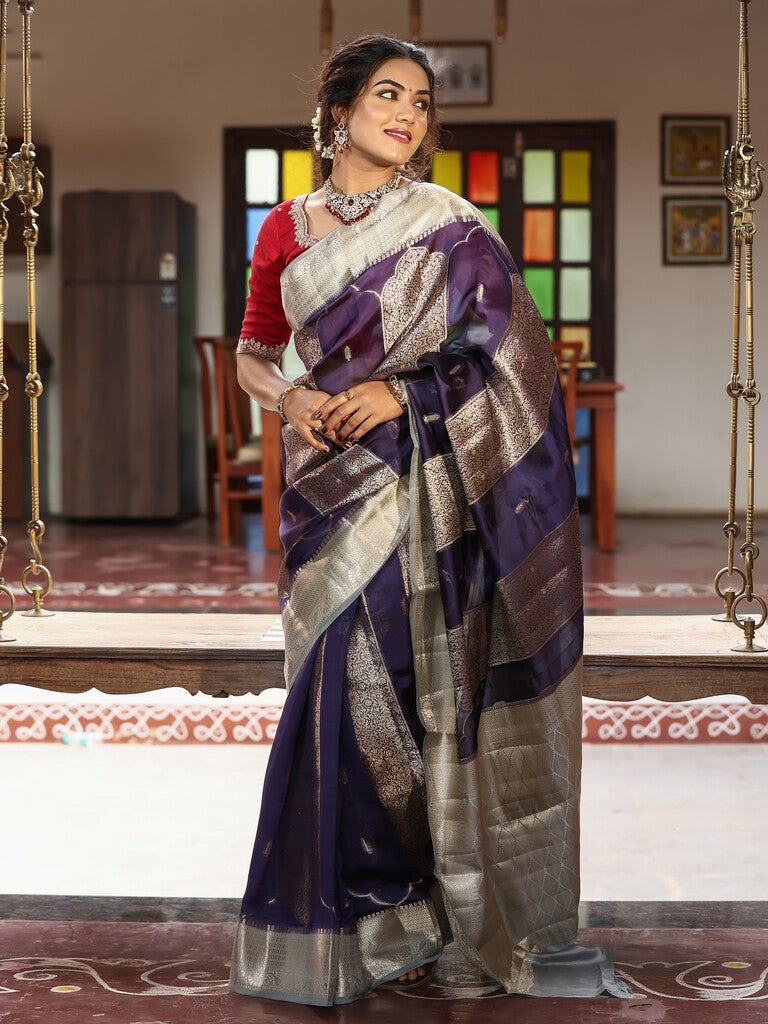 Green mango fancy saree for women | blue | zari border | party wear