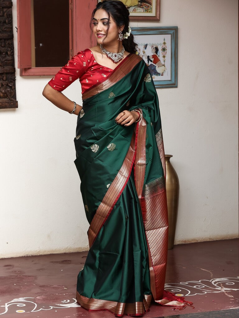 Light weight kanchi pattu saree for women | bottle green| zari border | party wear