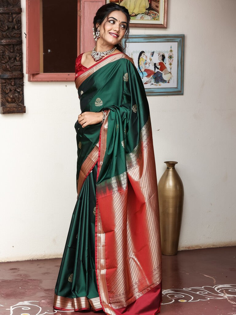 Light weight kanchi pattu saree for women | bottle green| zari border | party wear