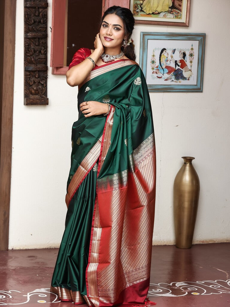 Light weight kanchi pattu saree for women | bottle green| zari border | party wear