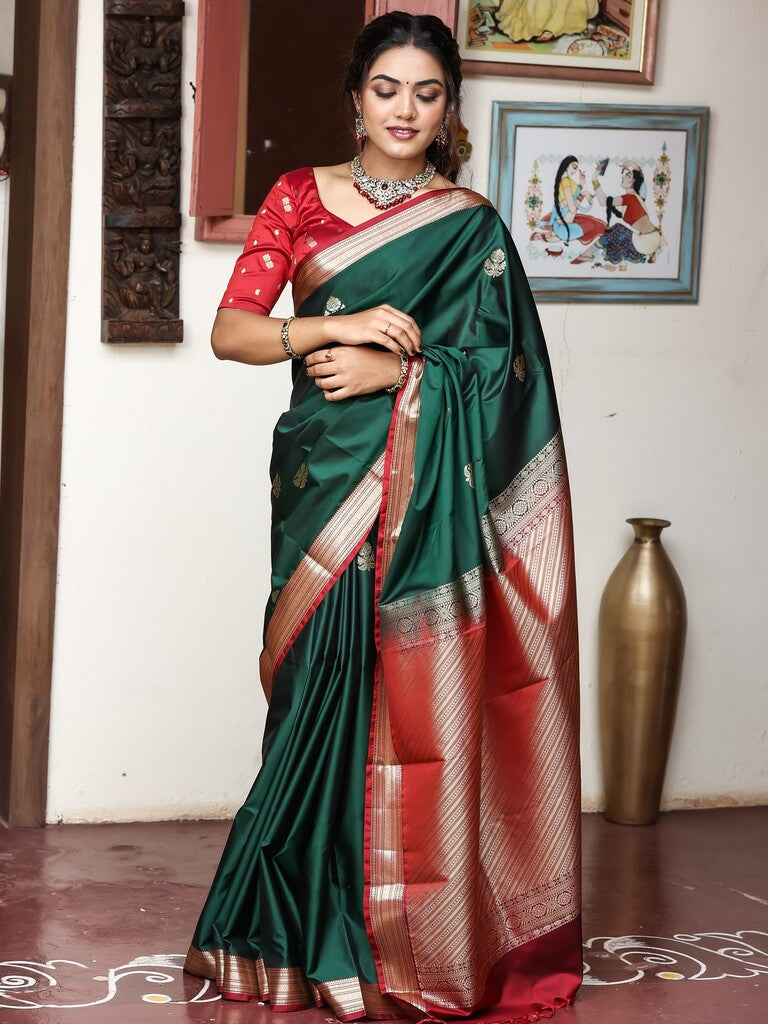 Light weight kanchi pattu saree for women | bottle green| zari border | party wear