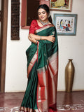 Light weight kanchi pattu saree for women | bottle green| zari border | party wear