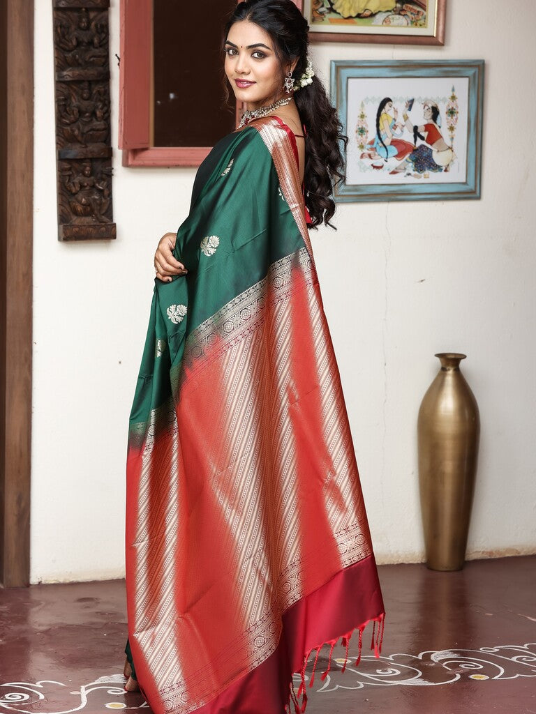Light weight kanchi pattu saree for women | bottle green| zari border | party wear