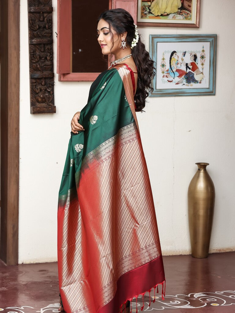 Light weight kanchi pattu saree for women | bottle green| zari border | party wear