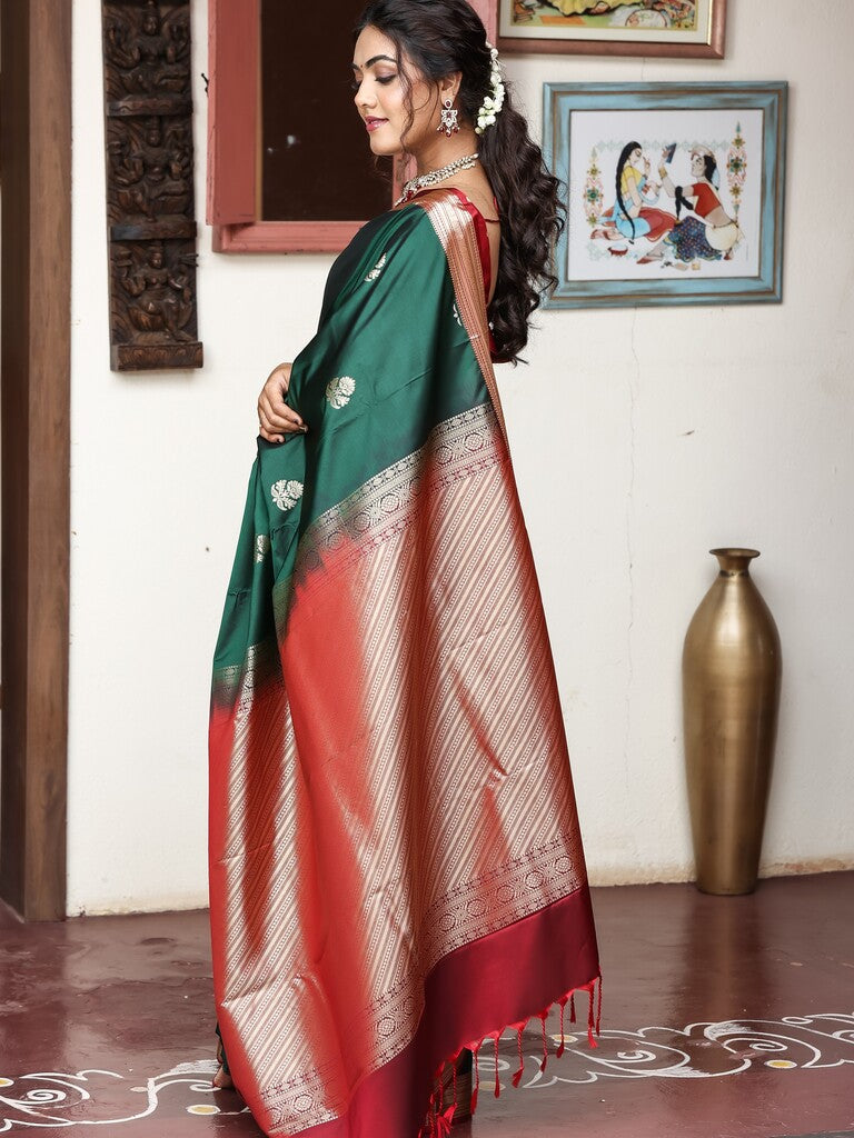 Light weight kanchi pattu saree for women | bottle green| zari border | party wear