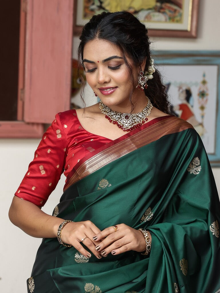 Light weight kanchi pattu saree for women | bottle green| zari border | party wear