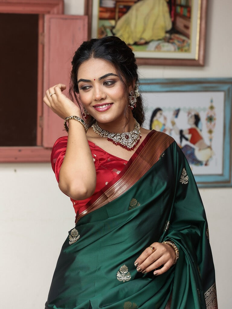 Light weight kanchi pattu saree for women | bottle green| zari border | party wear