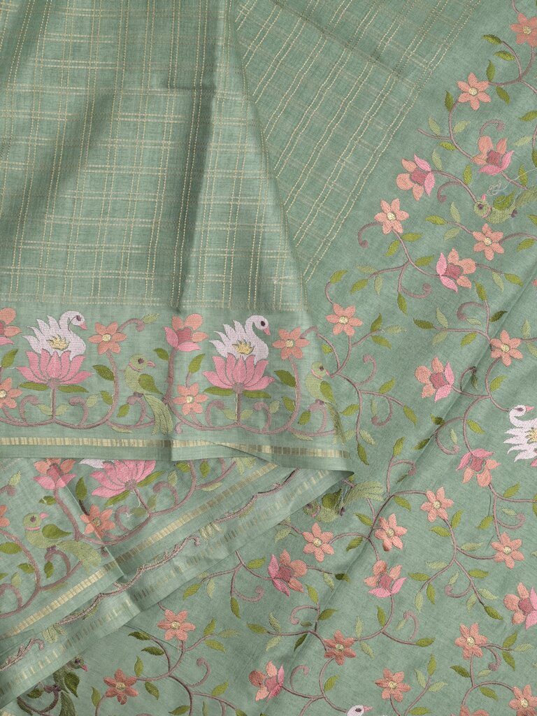 Tussar fancy saree allover checks with embroidery border and attached blouse